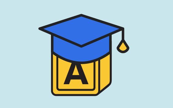 Illustration of a yellow block with an A on it wearing a blue graduation cap