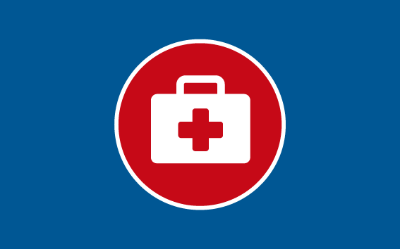 Red and white medical case with first aid cross on a blue background.