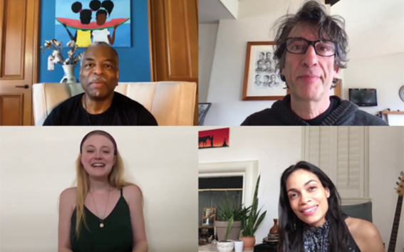 Four squares showing LeVar Burton, Neil Gaiman, Dakota Fanning, and Rosario Dawson.