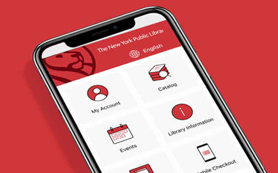 Phone displaying a screen with a red library lion logo and options to explore the Library.