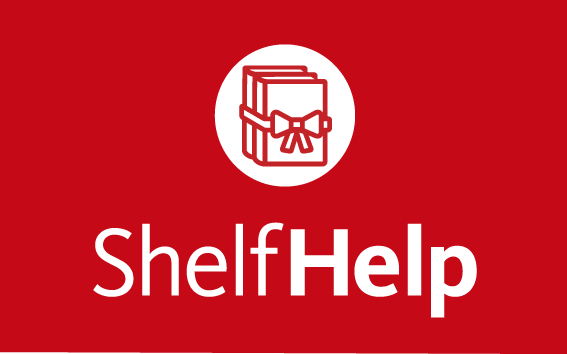 Red box featuring cartoon books wrapped in a bow. It reads: Shelf Help.