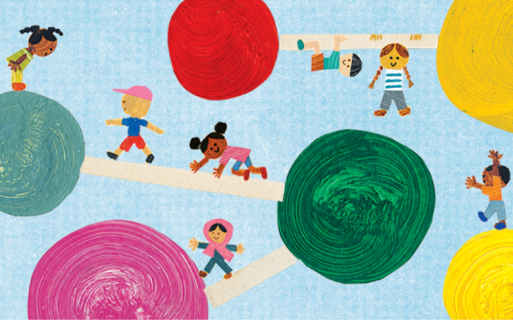 Light blue background featuring a diverse mix of a half dozen children playing on whimsical, large lollipop-like structures